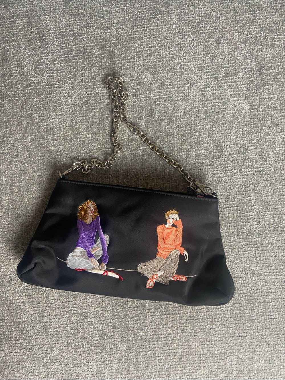 Sydney Love Black Embroidered Chain-Handle Clutch with Purple & Orange Figures